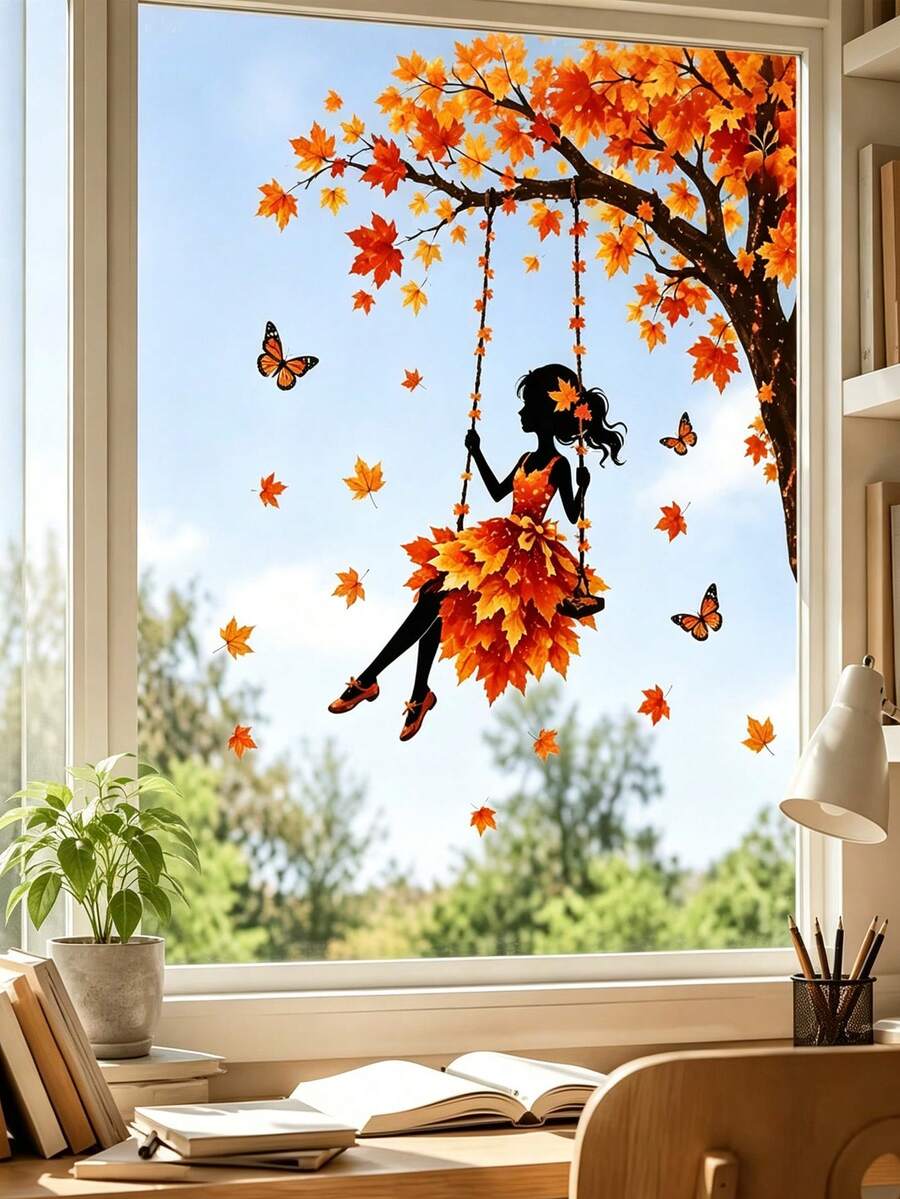 1pc Autumn Leaf Dancer Swing Silhouette Window Sticker, Glue-Free PVC Static Cling, Creative Aesthetic Maple Leaf Butterfly Fairy Glass Decal, Autumn Atmosphere Art Window Sticker Decoration, Suitable For Windows, Living Room, Bedroom, Balcony, Study, Autumn Home Decor - Multicolor - View 1