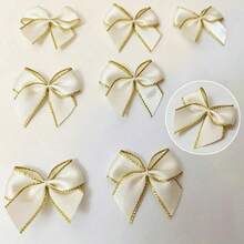 10/20pcs Mini Cream Satin Ribbon Bows With Gold Edge, Handmade Ribbon Bows For Christmas & Holiday Gift Wrapping Decor, Wedding Favor Box Decor, Scrapbooking, DIY Crafts, Clothing Embellishment & Hair Clips DIY Decor - A - View 2