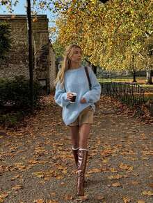 Women's Loose Round Neck Knitted Sweater, Ribbed Knit, Dropped Shoulder Long Sleeve, Light Blue Pullover, Autumn/Winter Style - Sky Blue - View 4