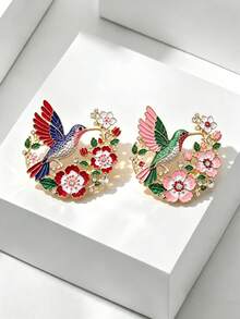 Vintage Enamel Hummingbird Flower Brooch Sparkling Rhinestone Bird Floral Lapel Pin For Women Clothing Decor Gift - Flower and Bird Design - View 1