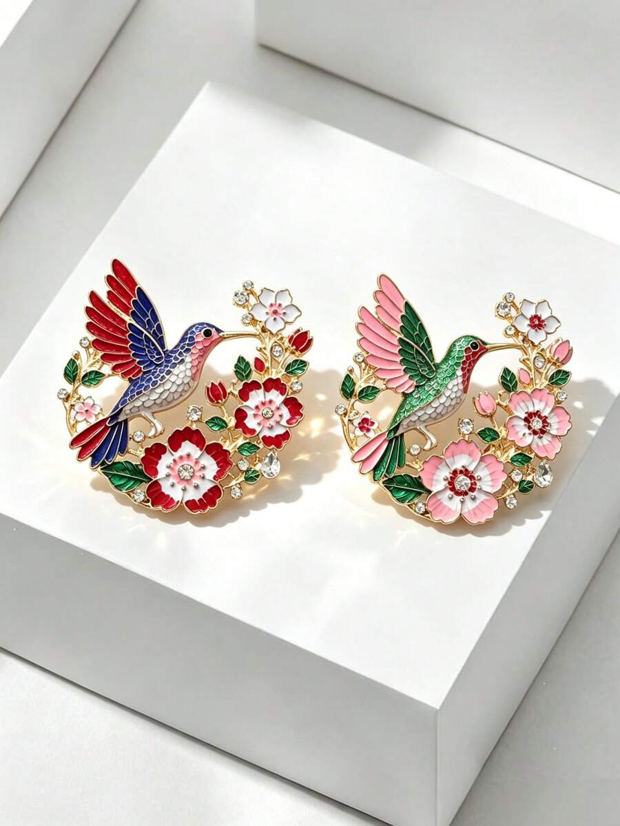Vintage Enamel Hummingbird Flower Brooch Sparkling Rhinestone Bird Floral Lapel Pin For Women Clothing Decor Gift - Flower and Bird Design - View 1