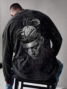 Men's Spring/Autumn Fashion Versatile Minimalist Mask & Brain Print Round Neck Faux Washed Long Sleeve T-Shirt - Black - View 1