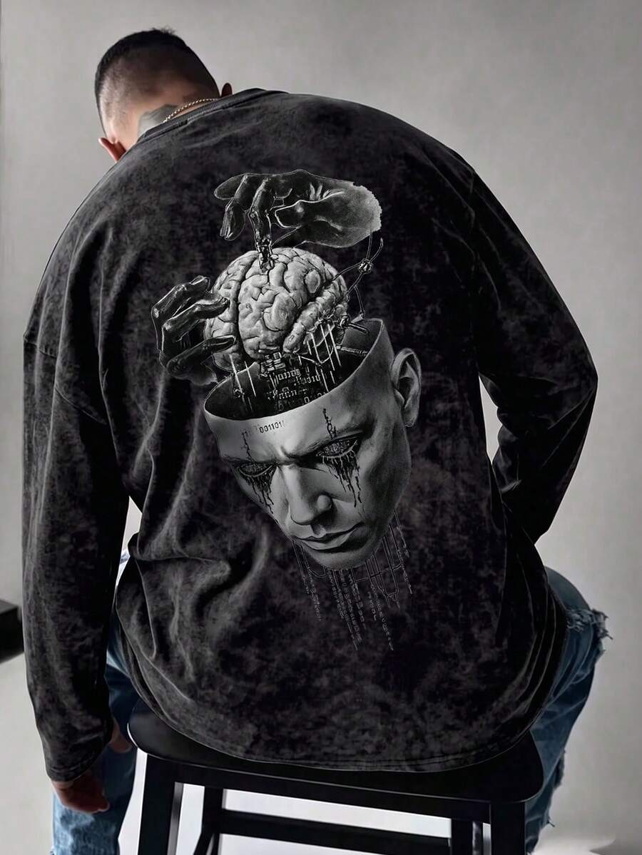 Men's Spring/Autumn Fashion Versatile Minimalist Mask & Brain Print Round Neck Faux Washed Long Sleeve T-Shirt - Black - View 1