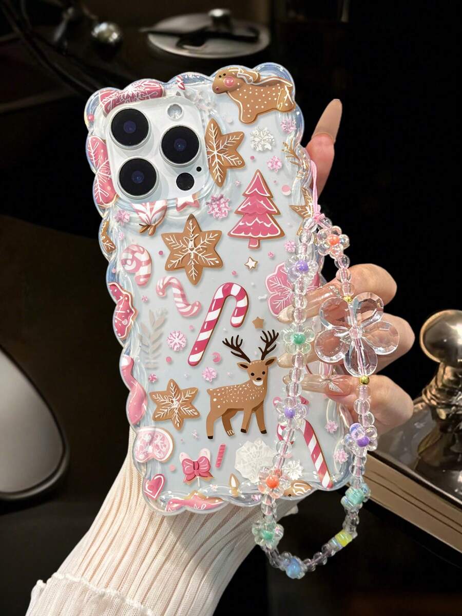 Christmas Painted Twisted Wave Edge Transparent Phone Case With Attached Bracelet, Printed Anti-Drop Fashion Cute Design For IPhone 17/17 Pro/17 Pro Max/16/16 Pro/16 Pro Max/16 Plus/14/15, 10 Cases, Thickened Soft Full Coverage Creative Protective Shell - Multicolor - View 1