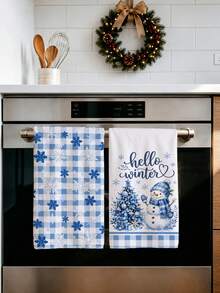 2pcs Winter Watercolor Blue Plaid Christmas Tree Snowman Hello Winter Text Kitchen Towels, 40*60cm Soft Microfiber Material Tea Towels, Suitable For Home Kitchen Restaurant Outdoor Camping Tabletop Cleaning Dish Cloth Hand Towel Accessories, Christmas Theme Kitchen Towels Holiday Gift - Multicolor - View 7