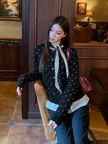 Women's Knit Cardigan Sweater With Random Polka Dot Print And Front Buttons, Casual Autumn/Winter Top - Black - View 3