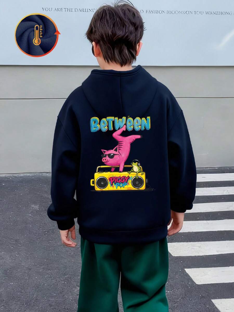 Tween Boy Cartoon Breakdance Pig & Frog Graphic Hoodie - Navy - View 1