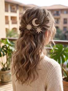 3pcs/Set Bohemian Style Sun Moon Star Hair Stick Set, Luxury Gold Shiny Rhinestone U-Shaped Hair Pins, Versatile Daily Photography Party Braided Hair Decoration Headpiece - Gold - View 11