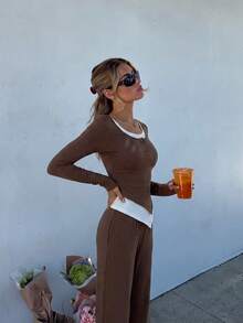 Women's Long Sleeve T-Shirt And Pants 2 Pieces Set - Brown - View 4