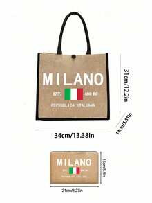 亞麻托特包套組，包含一個印有「Milan」字樣的托特包和一個印花小收納袋，字母與花卉圖案設計，附個性化禮品包裝，大包與小包組合，適合婚禮、生日、海灘、假期等場合，送給女性、母親、老師、朋友、伴娘、學生的完美禮物，開學季適用 - 彩色 - 查看 9