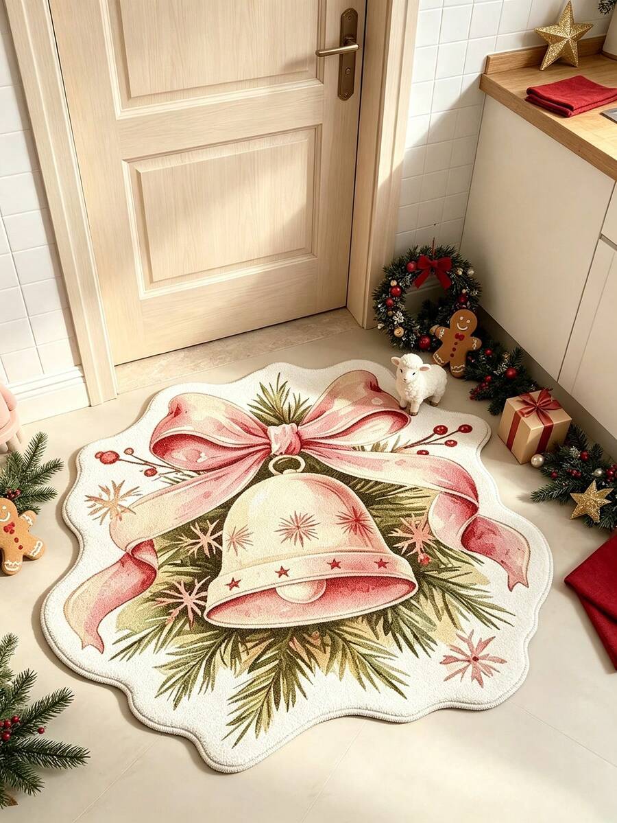 1pc White Bell Christmas Door Mat, Door Mat, Small Rug, Welcome Mat, Carpet, Floor Mat, Outdoor Door Mat, Kitchen Rug, Home Decor, Front Door Mat, Area Rug, Outdoor Mat, Home Decor, Area Carpet - Multicolor - View 1