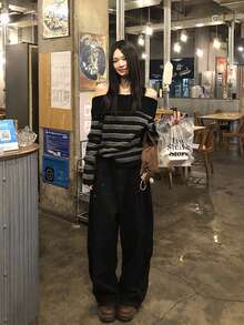 YCYC Black & Grey Striped Off-Shoulder Sweater, Women's Autumn/Winter Slouchy Chic Long Sleeve Knit Top - Black - View 9