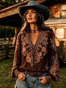 YI XUAN Women's Bohemian Floral Print Long Sleeve Blouse, Pullover Woven Textured Fabric, V-Neck Design, Summer Top - Brown - View 3
