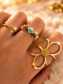 Set Cincin Terbuka Minimalis Emas Znice, Gaya Wanita, Cincin Bunga Besar Sederhana & Daun Semanggi Empat Kelopak dengan Berlian Imitasi Berwarna-warni, Perhiasan Minimalis Hipoalergenik, Hadiah Natal Sempurna, Aksesori Perjalanan & Liburan - Emas - View 2