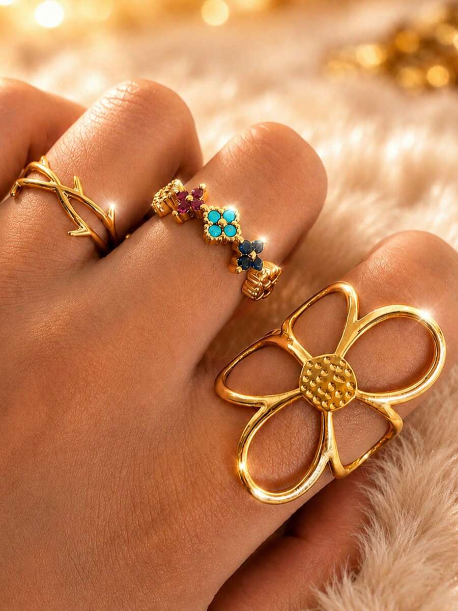 Set Cincin Terbuka Minimalis Emas Znice, Gaya Wanita, Cincin Bunga Besar Sederhana & Daun Semanggi Empat Kelopak dengan Berlian Imitasi Berwarna-warni, Perhiasan Minimalis Hipoalergenik, Hadiah Natal Sempurna, Aksesori Perjalanan & Liburan