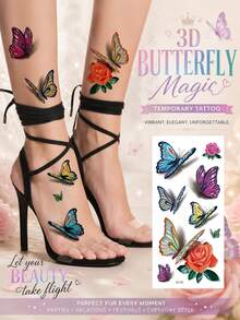 3D Butterfly Temporary Tattoos For Women, Colorful Butterfly & Rose Tattoo Stickers, Waterproof Realistic Body Art For Ankle, Foot, Leg, Parties, Festivals, Vacations & Everyday Style - Multicolor - View 1