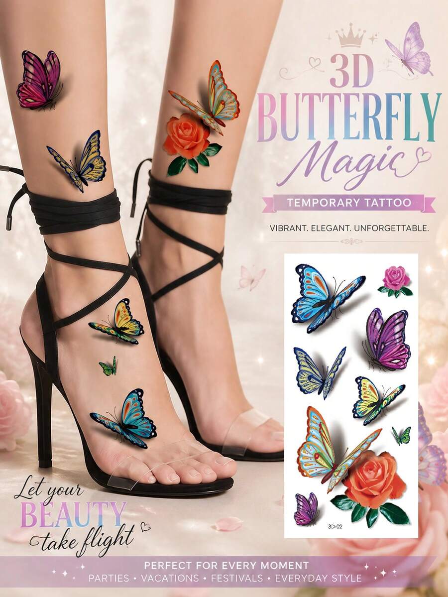 3D Butterfly Temporary Tattoos For Women, Colorful Butterfly & Rose Tattoo Stickers, Waterproof Realistic Body Art For Ankle, Foot, Leg, Parties, Festivals, Vacations & Everyday Style - Multicolor - View 1