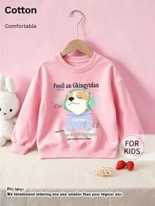 Tween Girl Round Neck Sweatshirt, Cartoon Dog Wearing Headphones Letter Print Pure Cotton Pullover - Pink - View 1