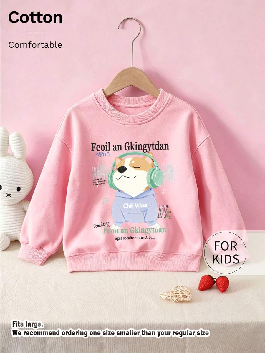 Tween Girl Round Neck Sweatshirt, Cartoon Dog Wearing Headphones Letter Print Pure Cotton Pullover - Pink - View 1