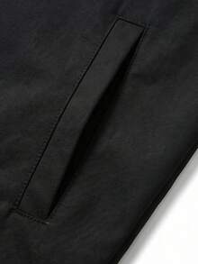 Men's Pure Black Lapel Zipper Jacket, Minimalist Style Elastic Cuff Casual Outerwear, Suitable For Spring And Autumn Daily Wear - Black - View 7