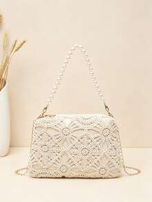 French Hollow Crochet Lace Small Square Bag, Detachable Pearl Handle + Metal Long Chain Strap, Evening Party Date Crossbody Bag - Small Square Bag - View 6