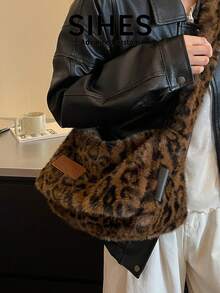 1pc Leopard Print Plush New Women's Bag, Shoulder Bag, Crossbody Bag, Fashion Leopard Print Plush Bag, Suitable For Commuting, Shopping, Dating - Coffee - View 5