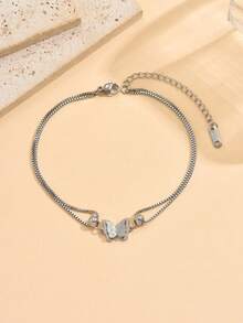 1pc Luxury Niche Butterfly Anklet Mother's Day Warm Gift Double Layer Chain Design Exquisite Small Beads Embellishment Warm Elegant Fashion Versatile Accessory - Anklet - View 9