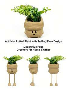 2pcs Cute Cartoon Face Ceramic Succulent Planter With Hanging Dangling Legs, Creative Funny Plant Pot, Decorative Plant Holder For Desktop Home Office Shelf Decor, Gift For Plant Lovers - Khaki - View 5