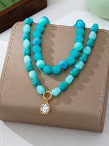 OABE 2pcs/Set Bohemian Style Spherical And Asymmetrical Handmade Mixed Layered Beaded Necklaces With Oval Pendant, Suitable For Women's Daily Wear, Bead Shape And Color Random - Turquoise - View 4
