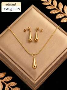 RAYQUEEN 1 Set Stainless Steel Fashion Water Drop Pendant Necklace + Stud Earrings Set, Suitable For Daily Wear - Gold - View 1