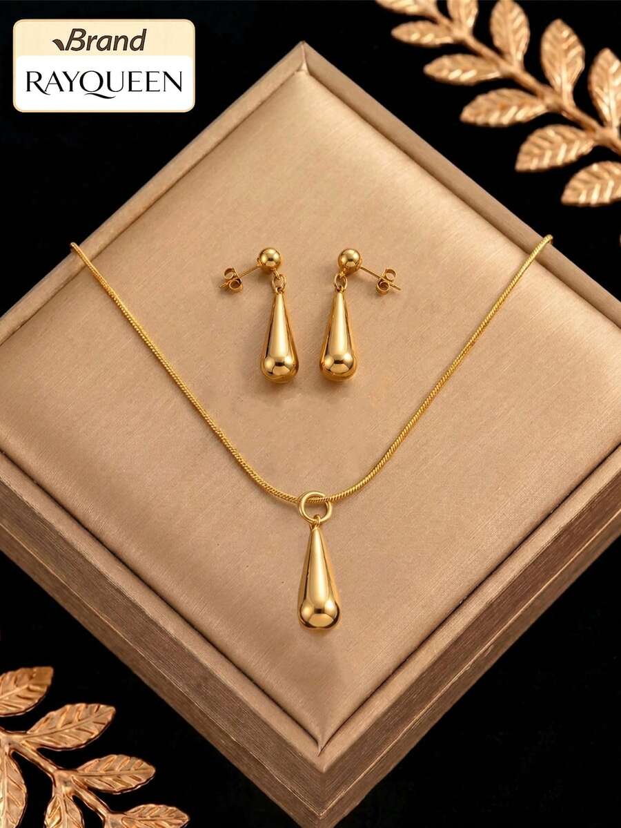 RAYQUEEN 1 Set Stainless Steel Fashion Water Drop Pendant Necklace + Stud Earrings Set, Suitable For Daily Wear - Gold - View 1