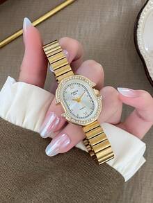 1件女款金白色錶盤石英手錶，精緻混色刻度，可調節金色錶帶，適合日常佩戴 - 金色 - 查看 3