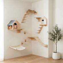 1pc Wall Mounted Cat Ladder Cat Perch, Cat Villa, Wooden Cat Shelf For Playing, Climbing And Jumping, Cat Wall Furniture, Max Load Capacity 12kg (26lb) - Apricot - View 3
