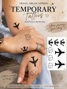 Mini Travel Temporary Tattoos For Women, Airplane Crown Elephant Minimalist Tattoo Stickers, Waterproof Small Body Art For Shoulder, Arm, Parties, Vacations, Festivals & Everyday Style - Multicolor - View 1