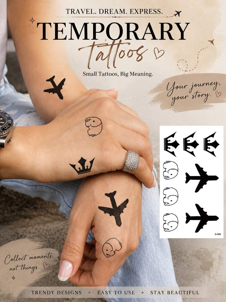Mini Travel Temporary Tattoos For Women, Airplane Crown Elephant Minimalist Tattoo Stickers, Waterproof Small Body Art For Shoulder, Arm, Parties, Vacations, Festivals & Everyday Style - Multicolor - View 1