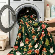 1pc Christmas Green Background Gingerbread Man Snowman Candy Cane Digital Print Flannel Blanket - Modern Style, Comfortable Soft Polyester Knit Fabric For All Seasons, Multi-Purpose, Suitable For Sofa, Bed, Travel, Camping, Chair, Gift Blanket - Green - View 5