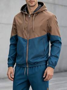 Men's Colorblock Zip-Up Hoodie & Drawstring Joggers 2-Piece Set, Long Sleeve Hooded Jacket And Sweatpants, Suitable For Daily Fitness And Streetwear - Multicolor - View 3