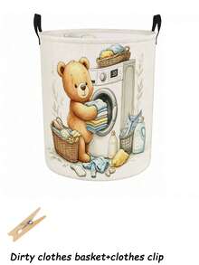Multi-Functional Large Laundry Basket/Dirty Clothes Basket, Laundry Hampers Bags, Cute Laundry Bear Pattern - Foldable Circular Clothes Basket, Foldable Clothes Rack And Wooden Clothes Clips, Bedroom, Bathroom Storage Box, Wardrobe Organizer - Space-Saving Laundry Organizer, Laundry Storage And Organization, Suitable For Home And Travel, Applicable To Multiple Living Spaces, Casual Style Clothes Storage Box, Space-Saving Design - Multicolor - View 17