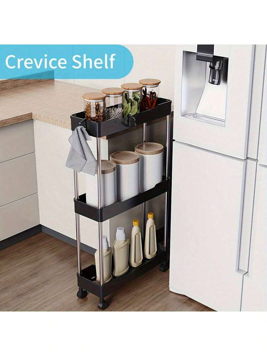 1pc 3/4-Tier Narrow Rolling Storage Cart, Bathroom Storage Mobile Rack, Multi-Functional Storage Shelf, Bathroom Gap Storage Rack, Bathroom Accessories - Black - View 1