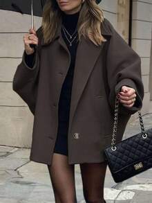 Women's Autumn/Winter Solid Color Button Front Batwing Sleeve Coat, Collar And Batwing Long Sleeve, Regular Length, Non-Stretch Fabric, - Dark Grey - View 1