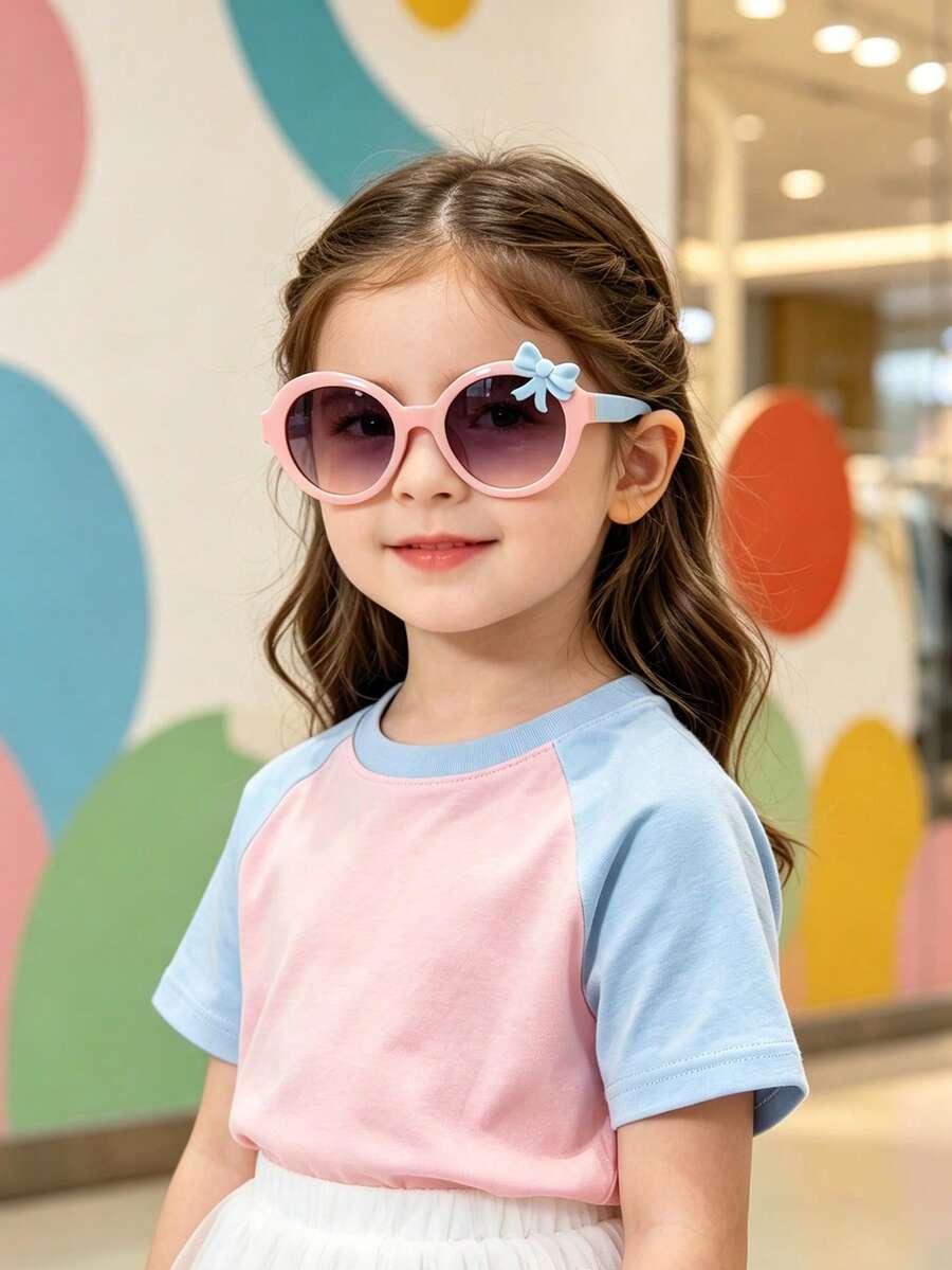 1PC Kids 3-8Y Round Eyeglasses With Cute Bow Decor Glossy Plastic Light‑Weight Fashion Frame, Party All‑Season Daily Accessory With Glasses Box - Multicolor - View 1