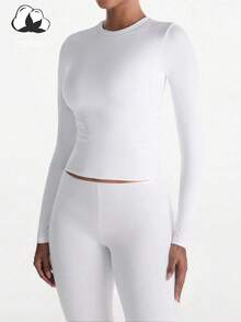 Women's Fitted Long Sleeve T-Shirt, Pure Cotton Material, Fashionable & Minimalist - White - View 4