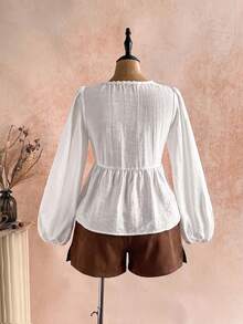 Rusttydustty Women's Solid Color Lace Trim V-Neck Lantern Sleeve Top, Ruffle Waist Design, Suitable For Autumn Daily Commute, Date, Travel - White - View 4
