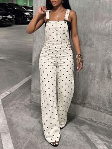 Off-White Polka Dot Print Wide Leg Women's Denim Overalls, Adjustable Shoulder Straps Front Pocket Loose Denim Jumpsuit, Casual Cute Slimming Youthful Overalls - White - View 2