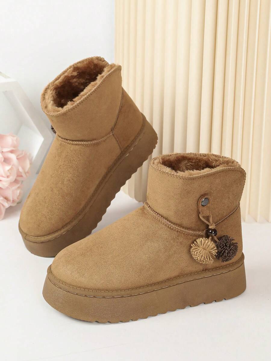 Solid Color Faux Suede Pom‑Pom Tassel Decor Platform Slip‑On Short Winter Snow Boots For Women - Camel - View 1