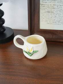 3D Embossed Calla Lily Ceramic Coffee Mug, Cream White Textured Handmade Porcelain Tea Latte Cup, Vintage French Style Large Handle Drinking Cup For Home Table Decor & Gift - Multicolor - View 6
