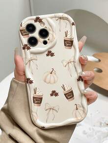 Phone Case - Fashionable Personalized Autumn Pumpkin Spice Latte Bow Pattern Phone Case, Creamy Wavy Border, Shockproof Protective Shell, Compatible With IPhone 18/18Pro/18ProMax/17/17Pro/17ProMax/16/16Pro/16ProMax/15/15Pro/15ProMax/14/13/12/11 - Beige - View 1