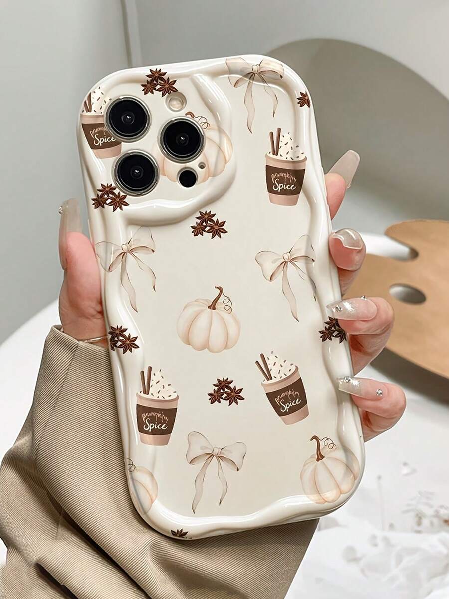 Phone Case - Fashionable Personalized Autumn Pumpkin Spice Latte Bow Pattern Phone Case, Creamy Wavy Border, Shockproof Protective Shell, Compatible With IPhone 18/18Pro/18ProMax/17/17Pro/17ProMax/16/16Pro/16ProMax/15/15Pro/15ProMax/14/13/12/11 - Beige - View 1
