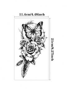 Floral Butterfly Temporary Tattoo For Women, Black Rose & Butterfly Tattoo Sticker, Waterproof Elegant Body Art For Back, Shoulder, Thigh, Parties, Festivals, Vacations & Everyday Style - Multicolor - View 5