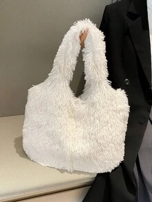 Autumn/Winter New Solid Color Long Fur Vest Style Tote Bag, Soft & Lightweight Plush Handbag, Fashion Casual Underarm Large Capacity Shoulder Bag For Women's Daily Use - White - View 2